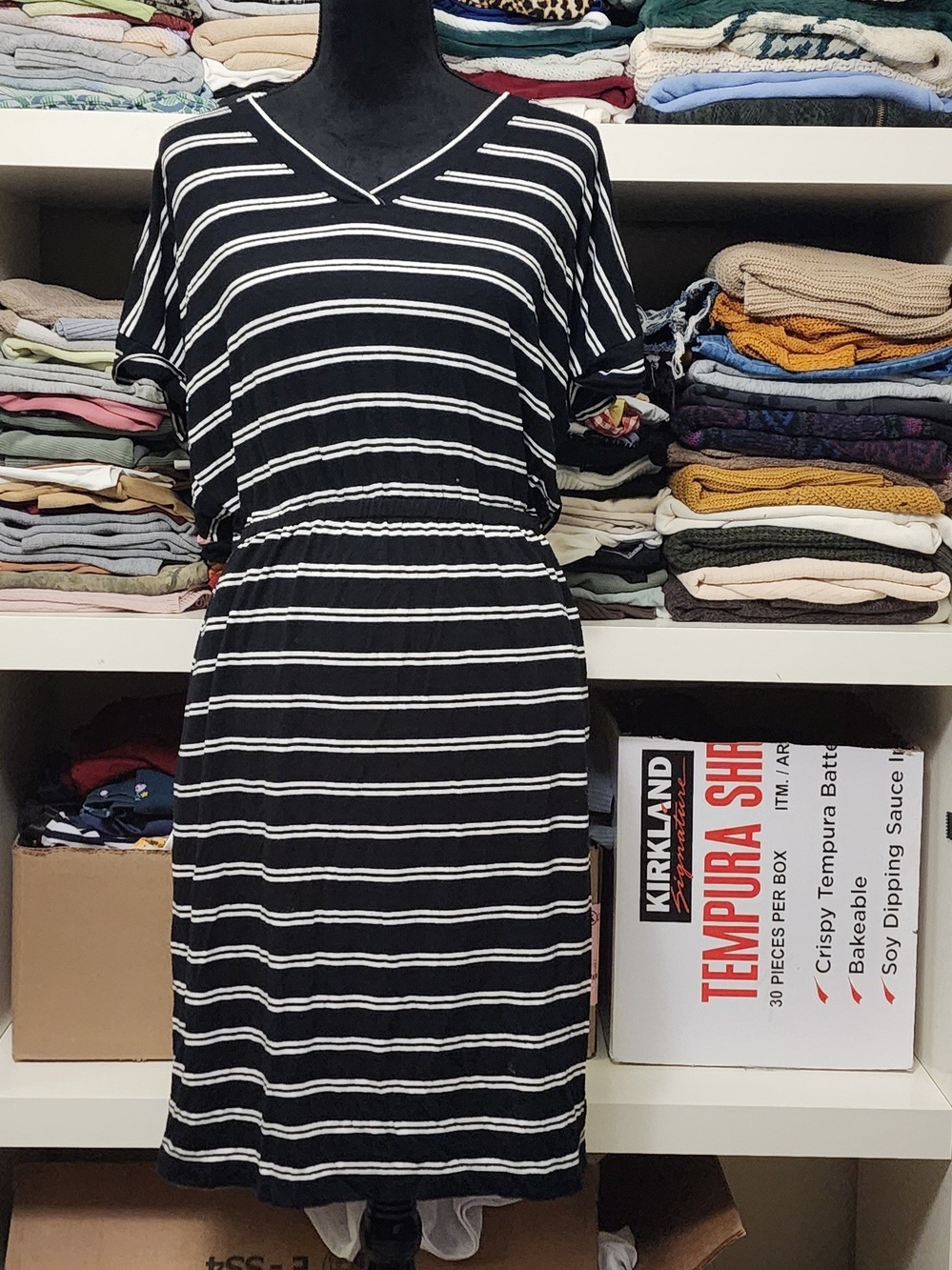 Banana Republic Black and White Striped V‑Neck Midi Dress
